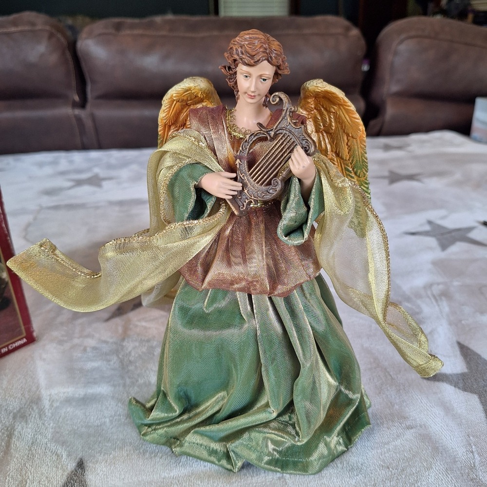 Kirkland Signature Decorative Angel 9" Tall Fabric Garments Lute Harp Green/Gold